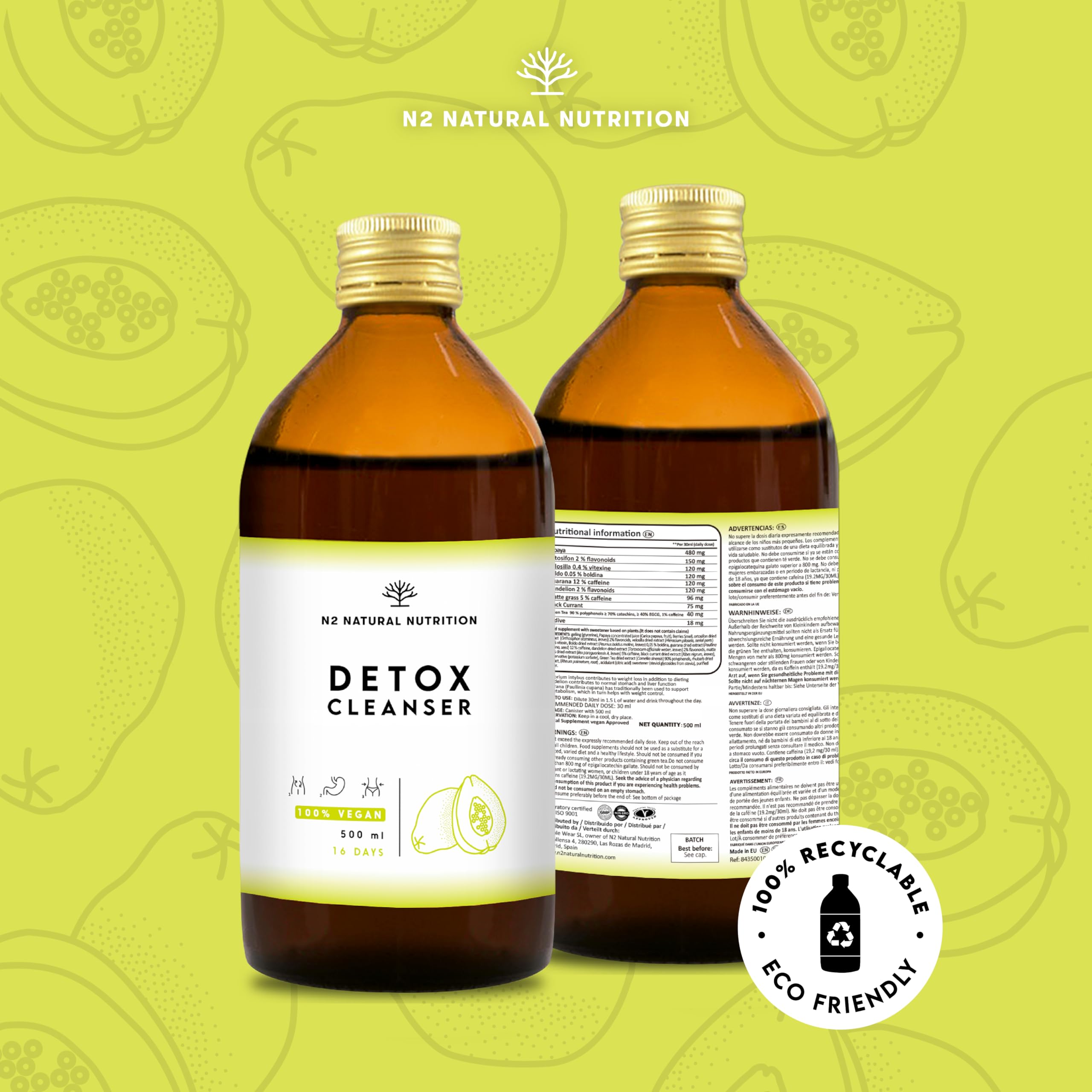 DÉTOX. Formule liquide avec Thé Vert, Pissenlit, Guarana, Papaye, Thé de Java, Maté, Groseiller Noir, Rhubarbe. 500 ml. Formule naturelle, VEGAN. CE. N2 Natural Nutrition