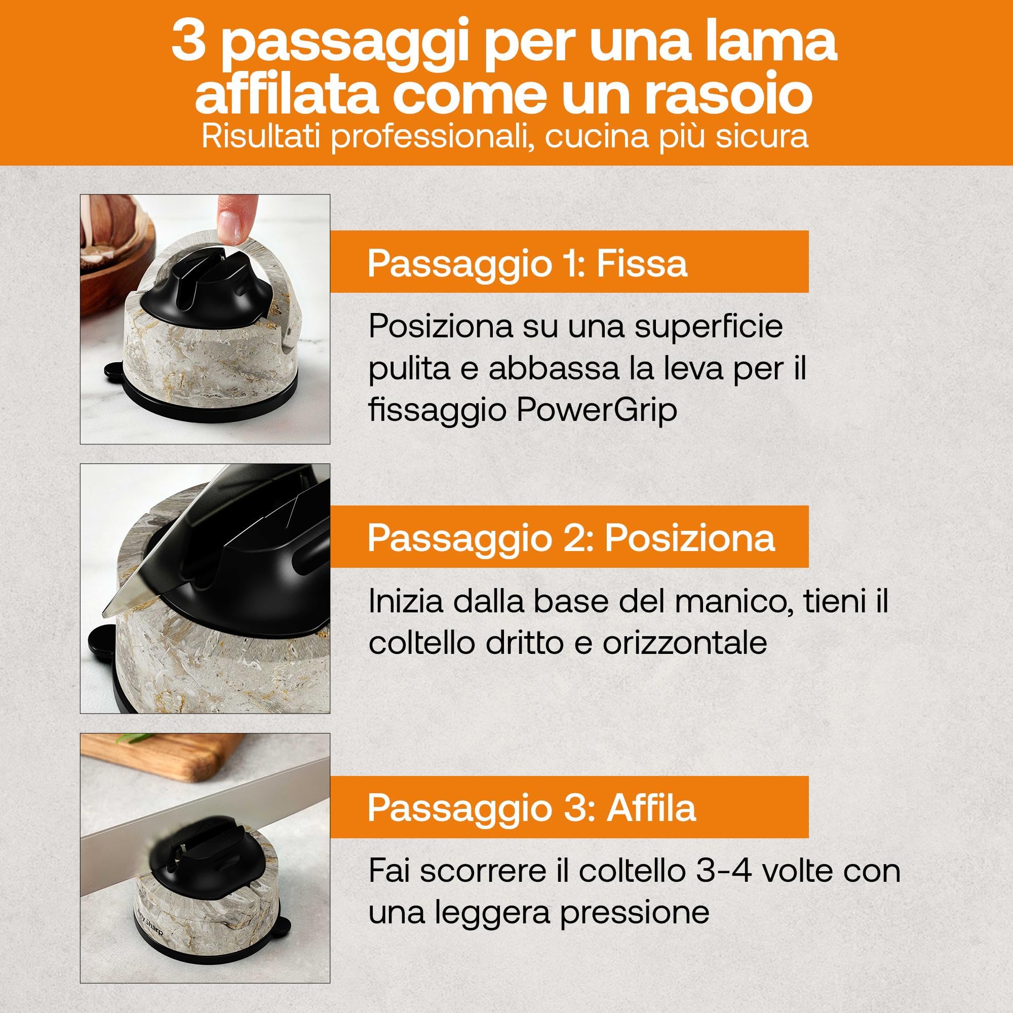 AnySharp Evo Affilacoltelli, Sicurezza Mani Libere, Potente Suzione PowerGrip, Affila Sicuramente Tutti i Coltelli da Cucina, Ideale per Acciaio Temperato e Dentati, Il Migliore del Mondo, Pietra