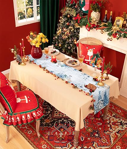 Miniatura 3 de Camino de mesa de Navidad, algodón y lino, bufandas de tocador de vacaciones de 36 pulgadas, gnomos de eucalipto azul retro, diseño de copos de