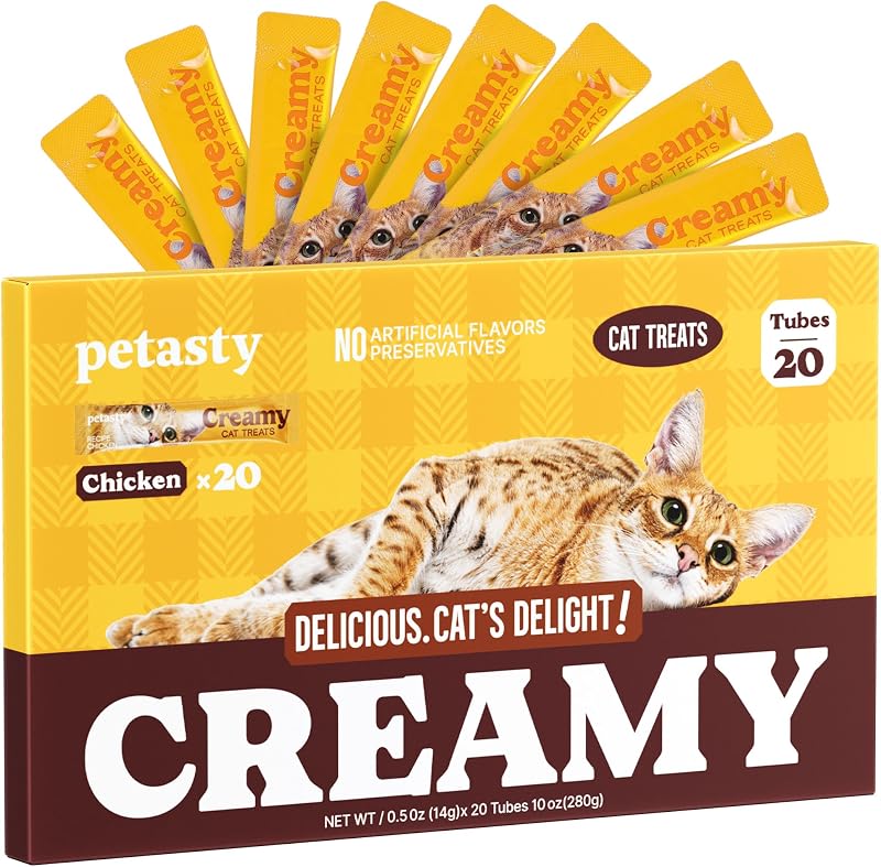 Petisco Cremoso de Frango para Gatos PETASTY em Purê Lickable, Pacote com 20 Tubos de 14 g