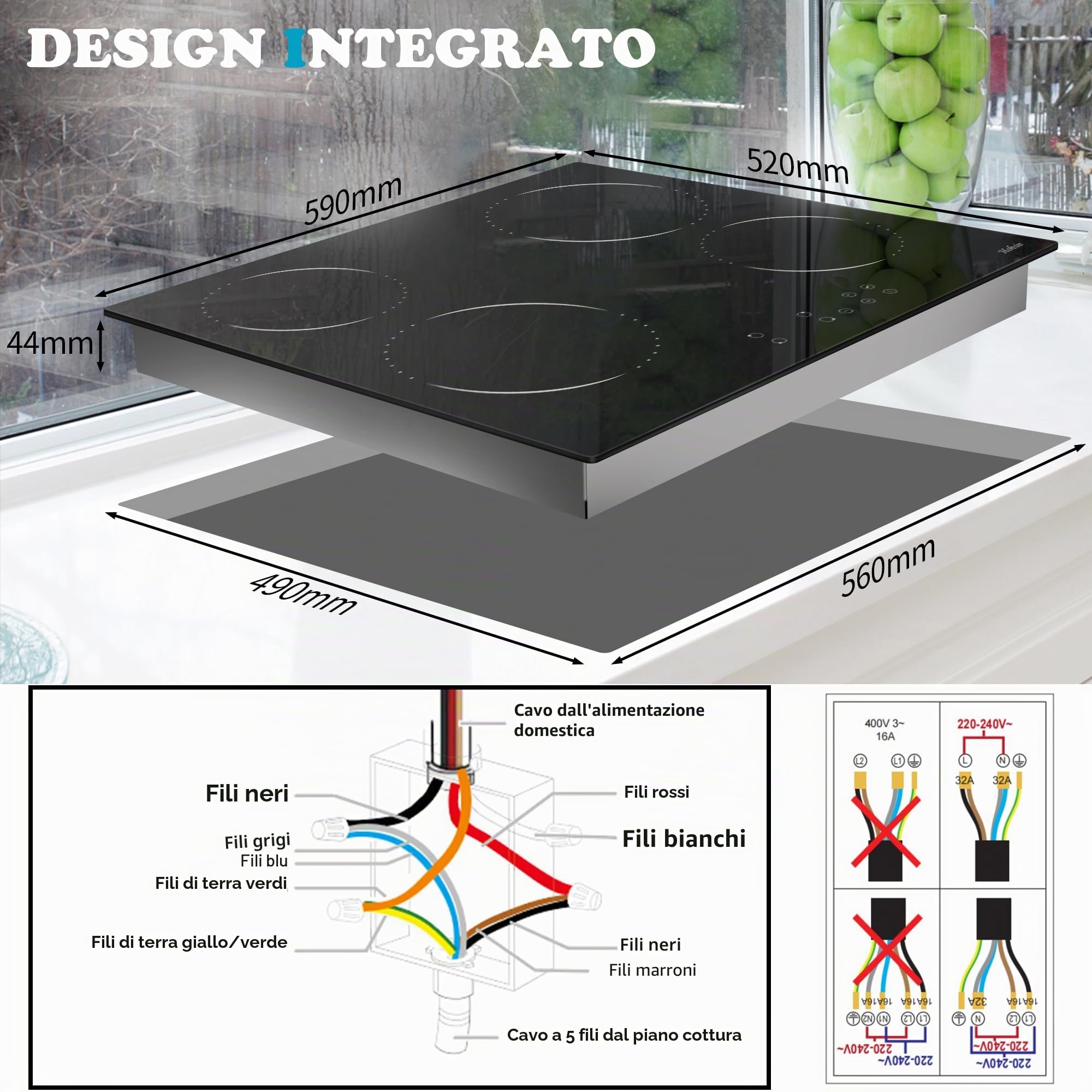 Hobsir Piano Cottura Vetroceramica 4 Fuochi, Piano Cottura Elettrico da incasso 60CM, Piastra Vetroceramica 6000W, 9 Livelli di Potenza, Blocco di Sicurezza, 220V