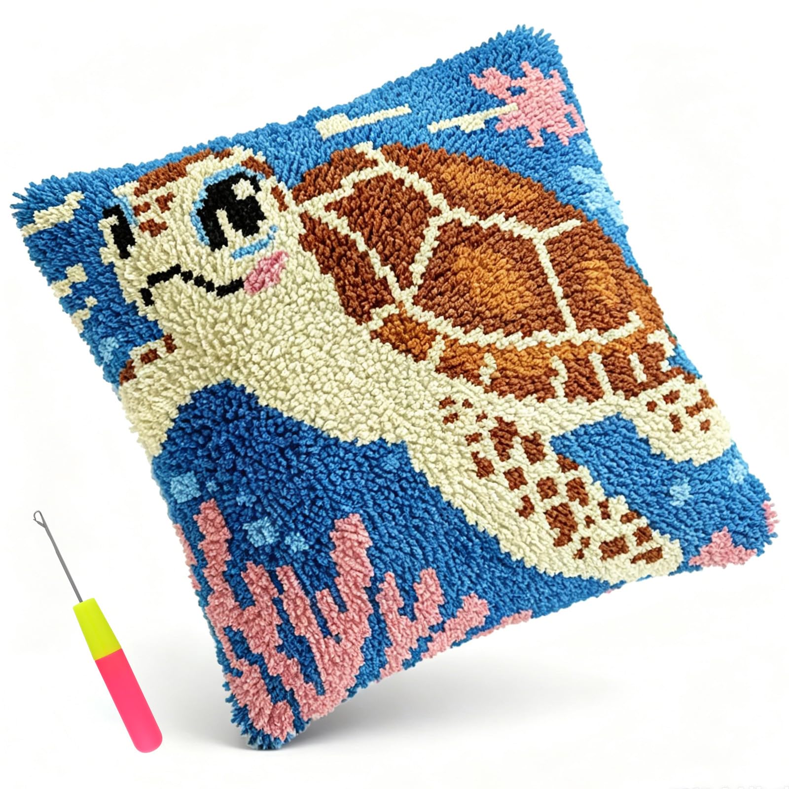 Eyoulife Latch Hook Pillow Kit 17x17in DIY Crochet Cushion Cover with Yarn Hook Handmade Craft Present for Adult Beginner(colour-1-Turtle)