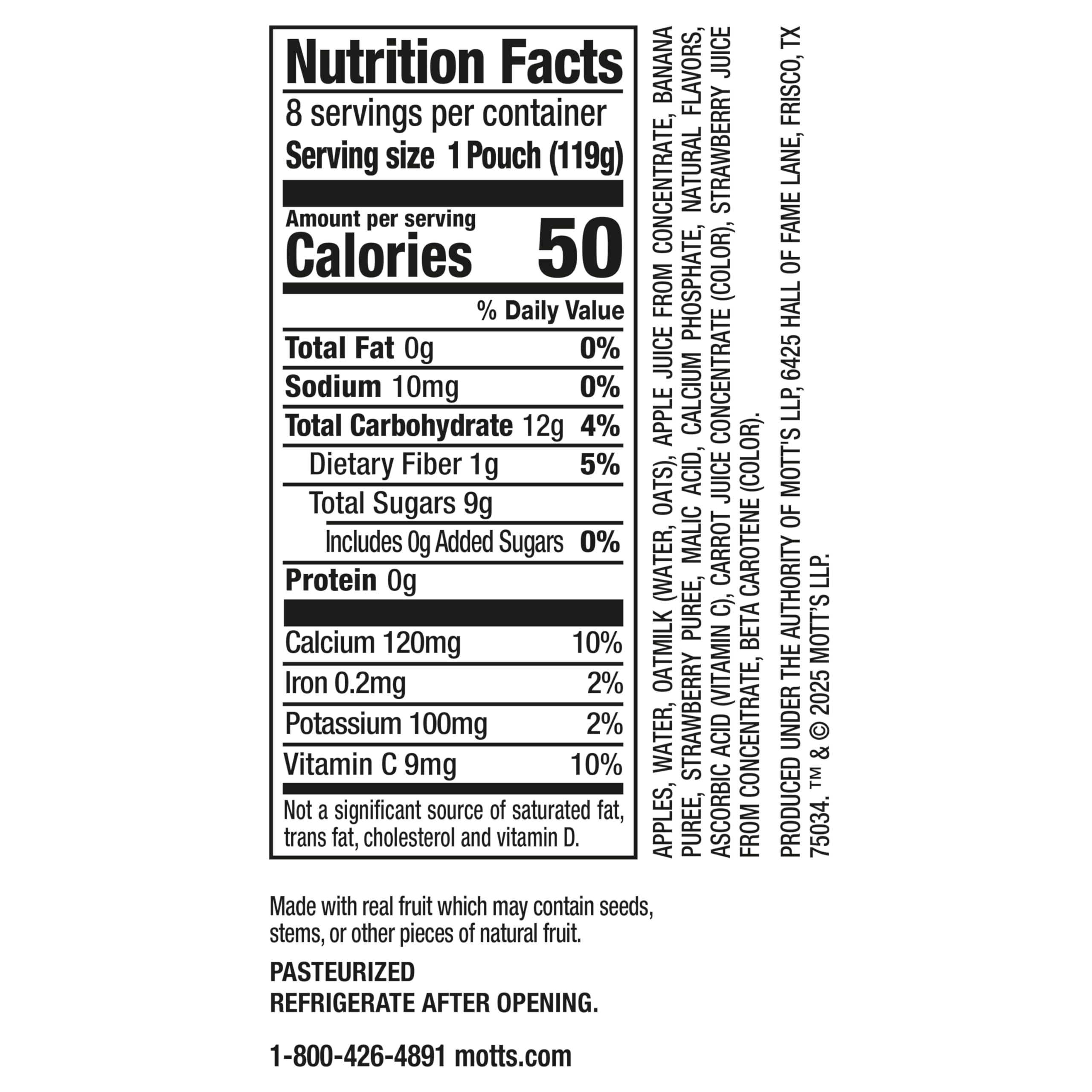 Mott’s Fruit Smoothies Strawberry Banana, 4.2 oz clear pouches, 8 Pack, Non-dairy, Made With Oatmilk, Made With Real Fruit, Good Source of Calcium, On-the-Go