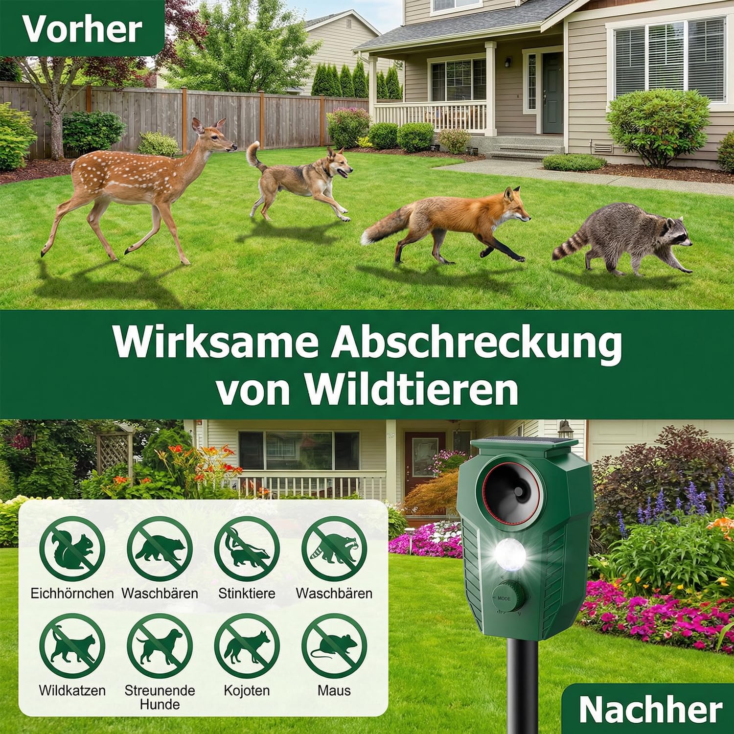 MEKEET Ultraschall Katzenschreck für Garten, Solar Katzenabwehr mit Bewegungsmelder und LED-Blitzlicht, IP65 Wasserdicht, Tiervertreiber gegen Katzen, Hunde, Marder, Füchse und Wildtiere