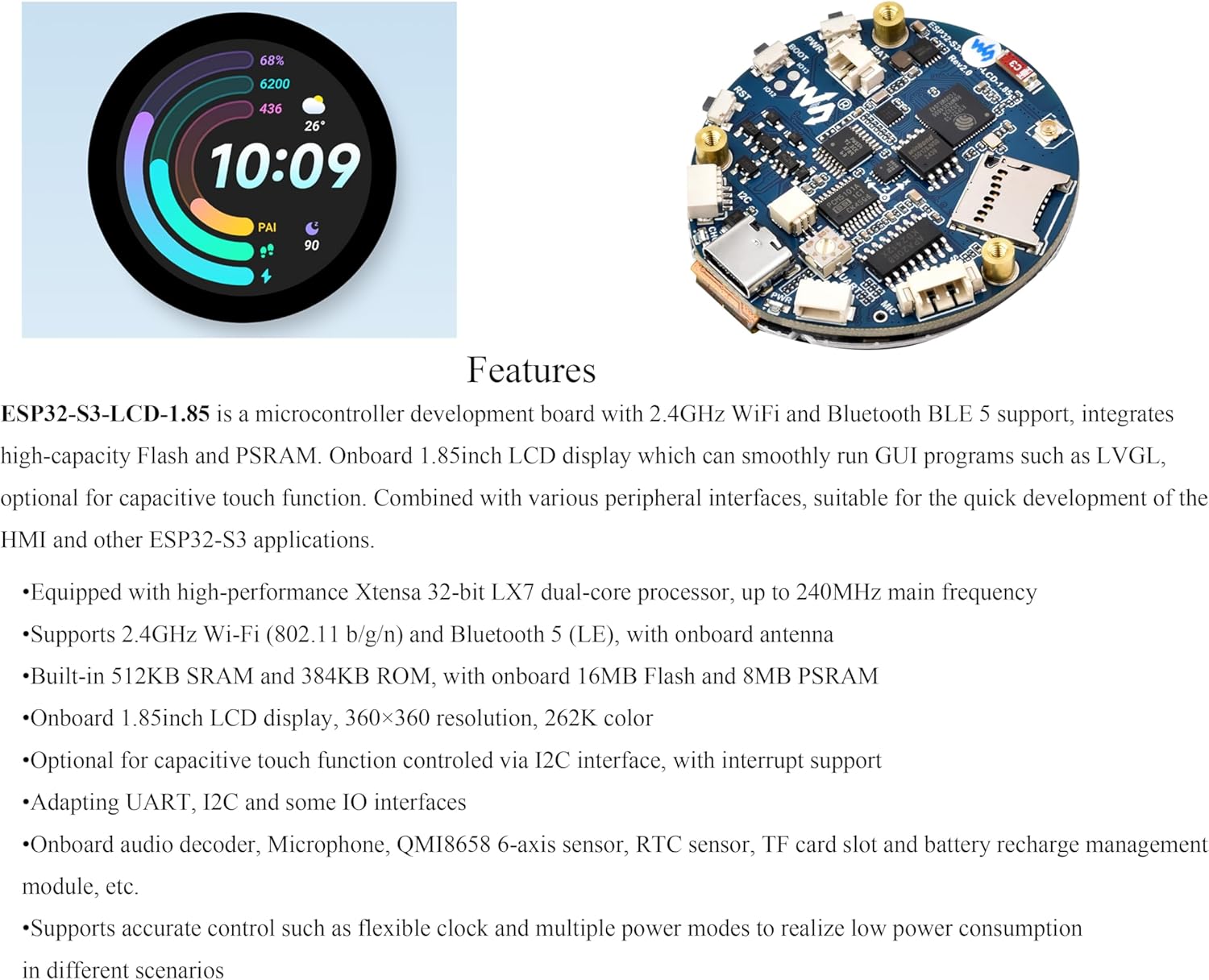 ESP32-S3 1.85inch Round Display Development Board, 360×360 IPS LCD, Dual-Core Processor Up to 240MHz, Audio Codec, Support Offline Speech Recognition and AI Speech Interaction, with 8Ω 2W Speaker