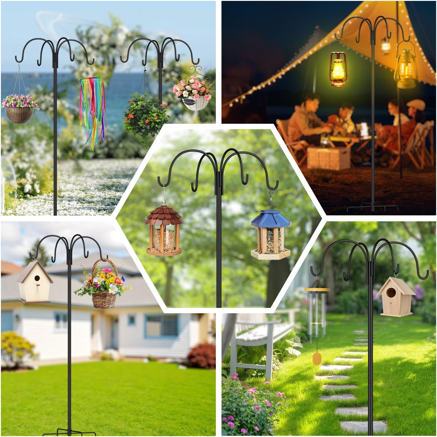 4-Hooks Shepherd Hooks for Outdoor,Heavy Duty 103 Inch Bird Feeder Pole with 5-Prong Base,Bird House Stand Garden Hooks for Hanging Plant Baskets,Solar Light, Lanterns, Wind Chime
