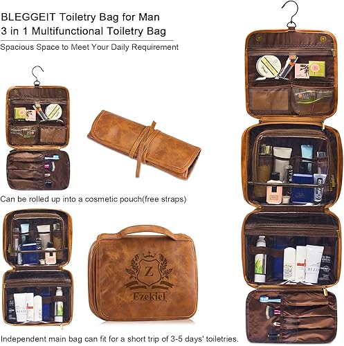 Miniatura 2 de 3-in-1 Large Personalized PU Leather Toiletry Bag For Men, Custom Groomsmen Gifts Hanging Travel Organizer Bag, Laser Engraved Name Monogram Shaving