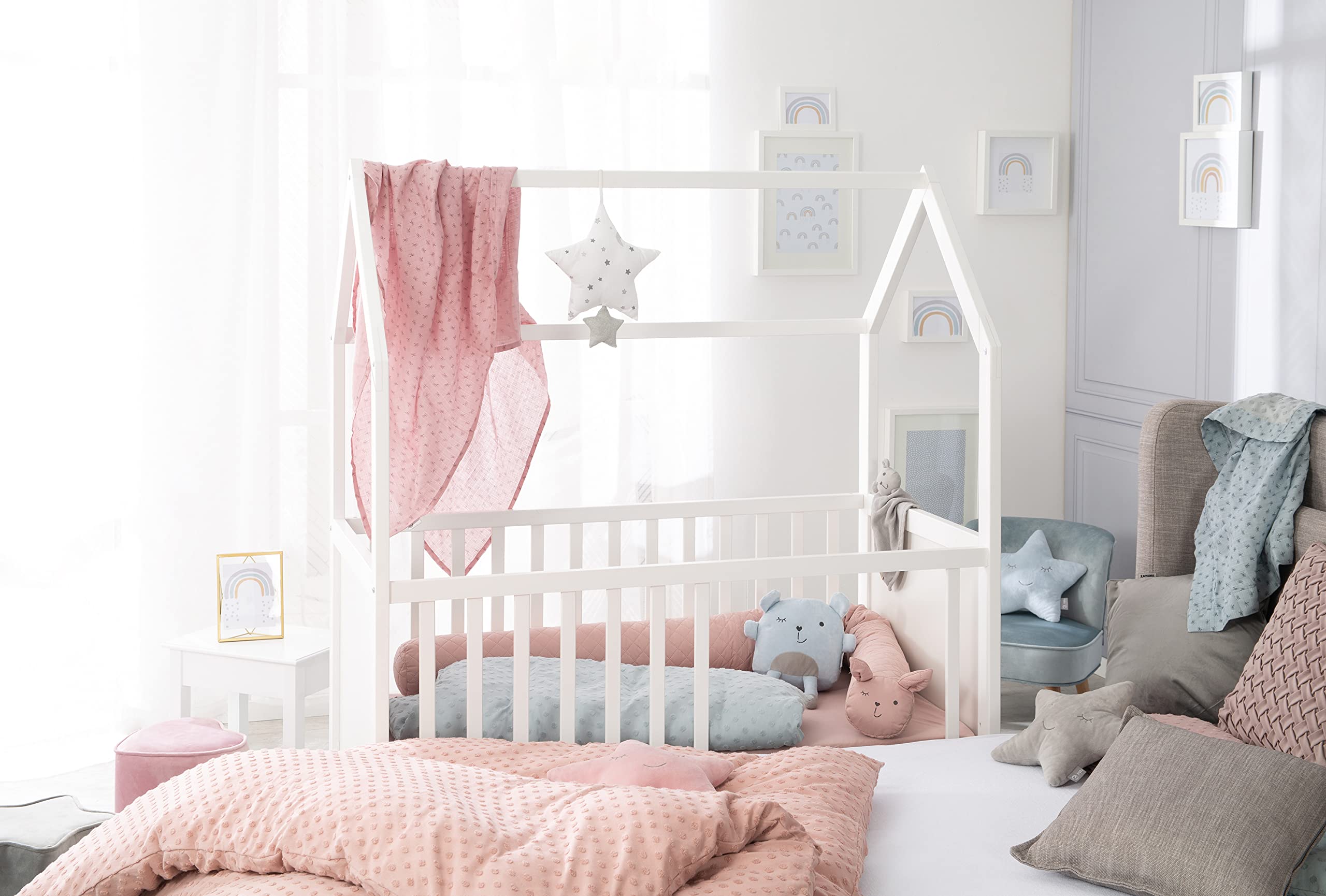 roba Lit Bébé Cabane Évolutif 60x120 - Lit Cododo Convertible en Canapé - Réglable en Hauteur - Blanc