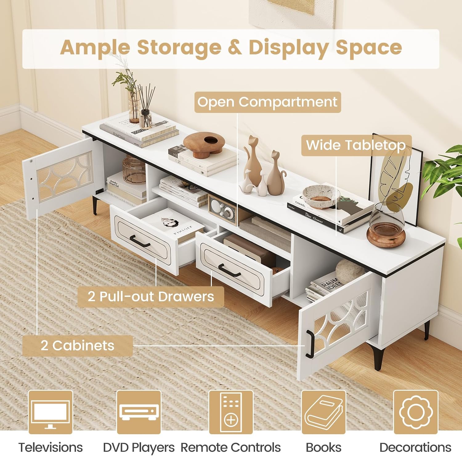 Diagram sing nyoroti ample storage space of the TV stand, showing the wide tabletop, open compartment, two pull-out drawers, and two cabinets.