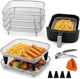 Air Fryer Accessories 8" Square Dehydrator Racks for Cosori, Ninja Foodi | 8-Piece Set, 3 Stackable Racks, 304 Stainless Steel, Fits 5.8 QT, Includes Foot Covers