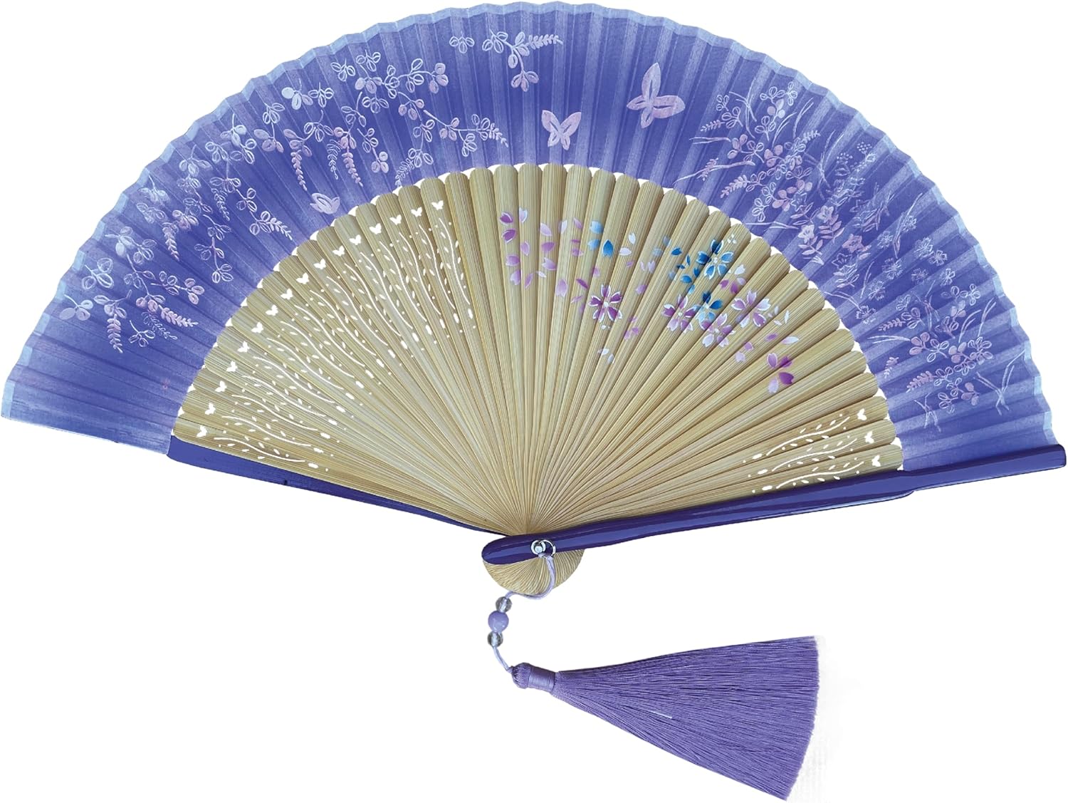 FANSOF.FANS Premium Floral Silk Fabric Border Handheld Folding Fan with Grade A Bamboo Ribs for Women Girls Event Birthday Wedding Favour with Tassel (Flower Border - Purple)