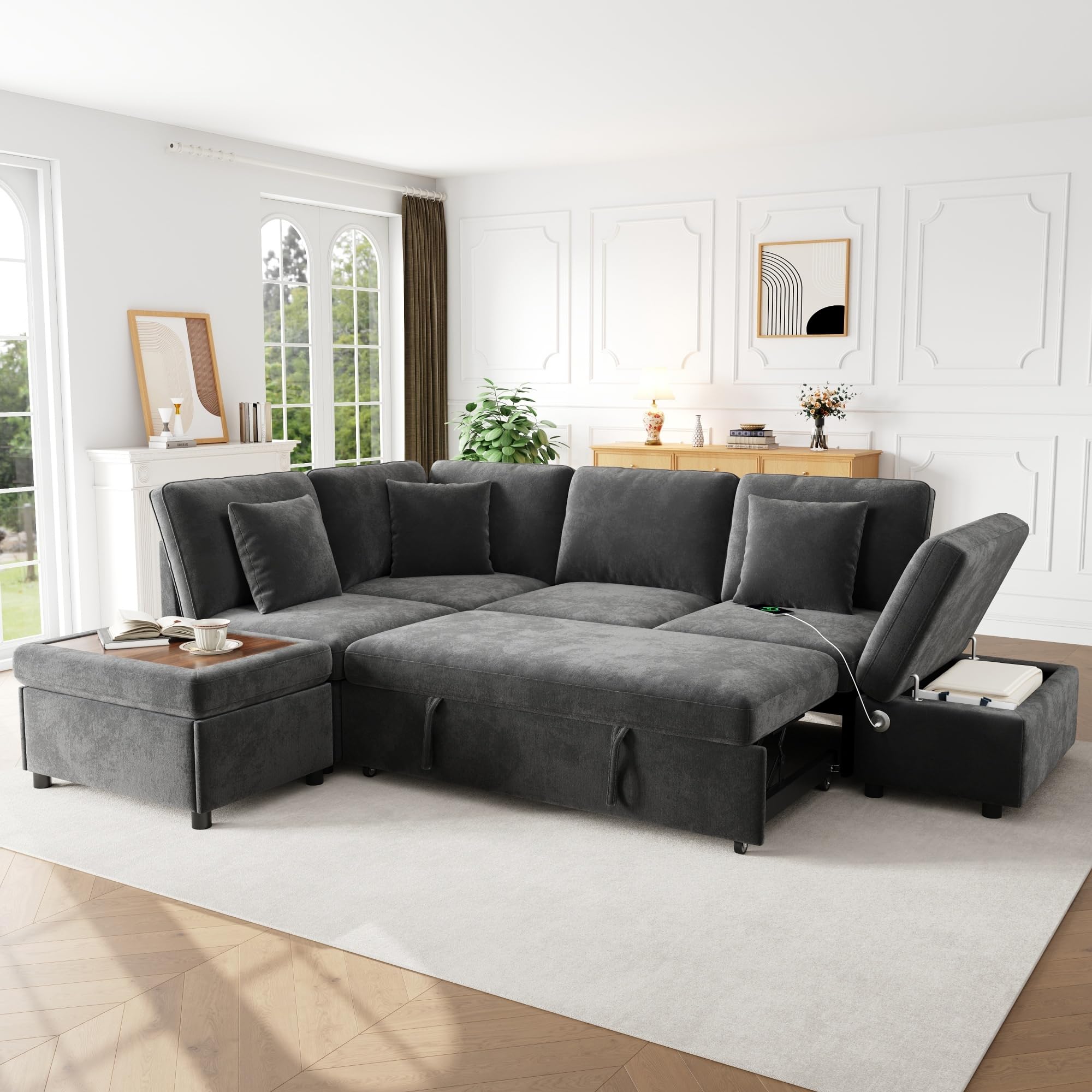 Canapé d'angle 6 Places Forme L Modulable RéVersible Gauche Droite, Fonction Convertible Lit Gigogne, Pouf De Rangement Amovible, Ports USB Type C, 3 Coussins Fournis