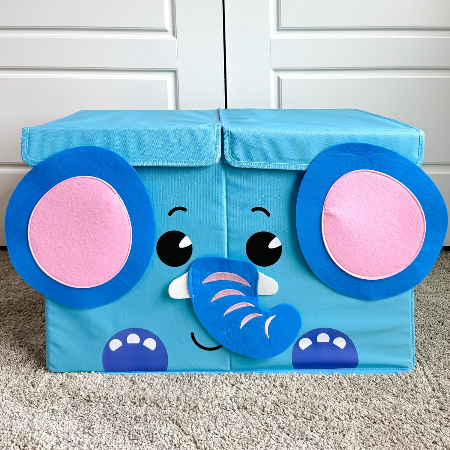 QUOKKA Toy Storage Box for Boys and Girls - 24.8x16.1x13 In Elephant Toy Chest Organizer for Kids - Collapsible Handles - Flip Top Lids - Fabric Foldable Bin for Playroom - Nursery Room Organization