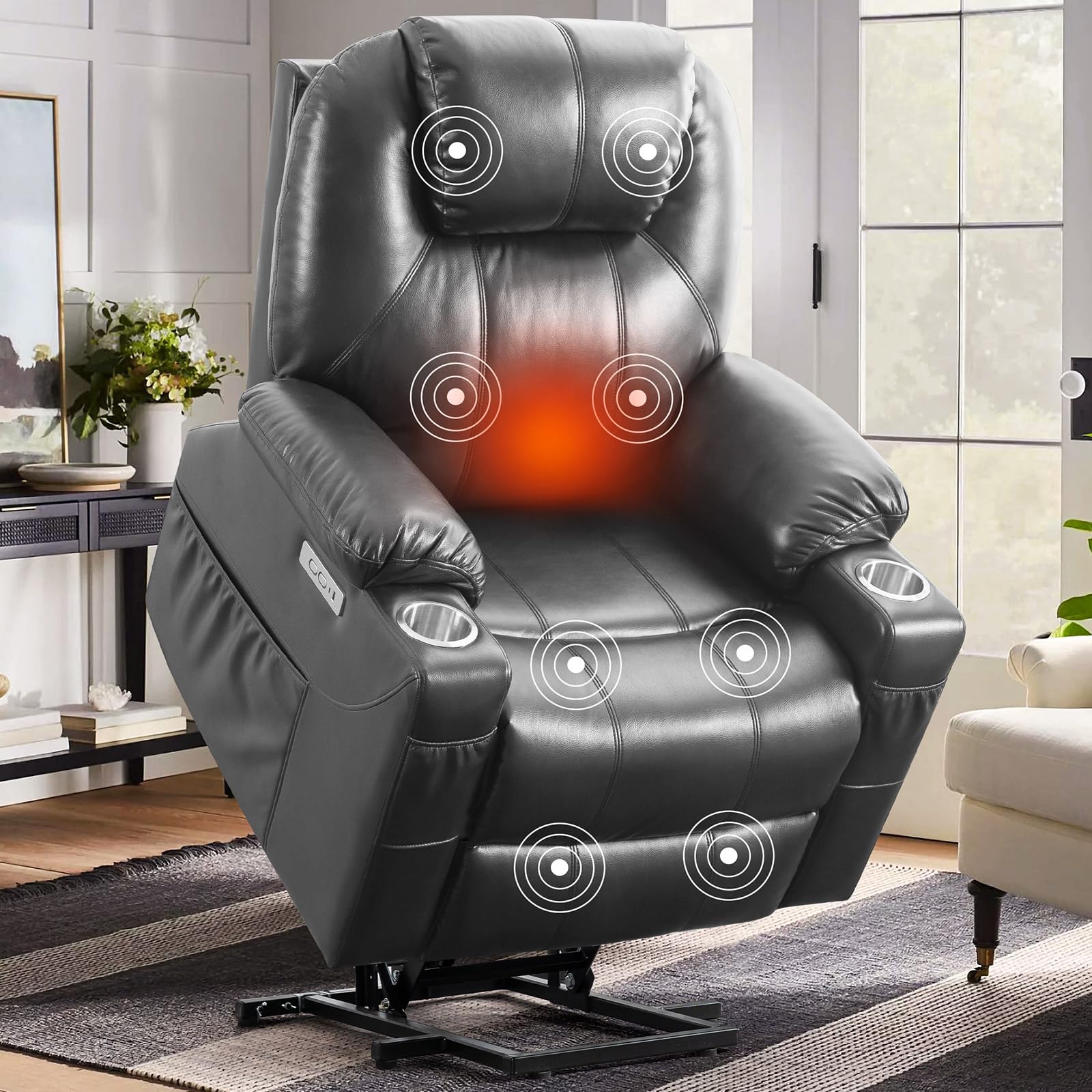 CDCASA Large Power Lift Recliner Chair for Elderly with Massage and Heat, Breathable Leather Lift Chairs for Seniors, 3 Positions, Metal Cup Holders, USB-A and USB-C, 1PC, Grey