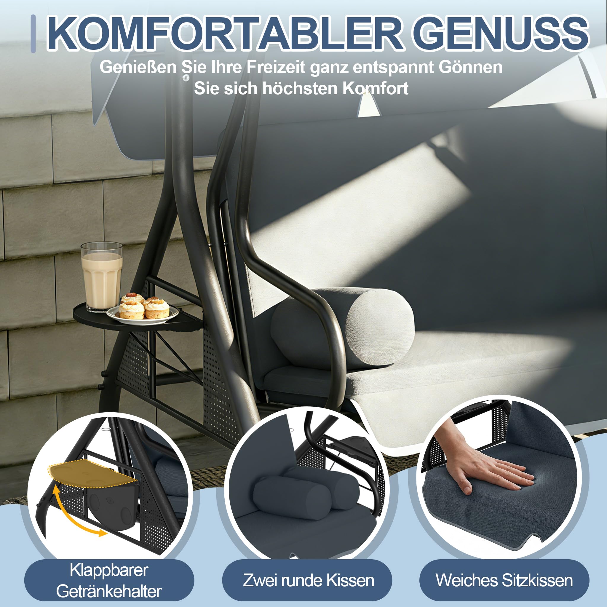 Aufun Hollywoodschaukel 3-Sitzer Garten Schaukelbank mit Verstellbarem Sonnendach und Abnehmbarem Sitzkissen – wetterfeste Gartenschaukel für Terrasse Balkon Gartenliege bis 350 kg (Grau)