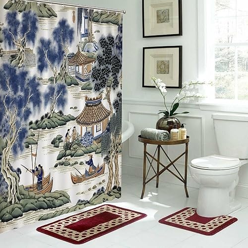 Miniatura 10 de Cortina de ducha azul y verde chinoiserie de pinos chinos, tela de pabellón chino, forro de cortina de ducha impermeable para decoración de bañeras