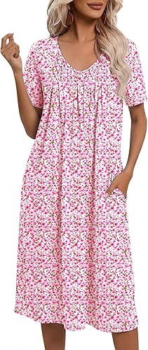 Ekouaer Nightgowns for Women with Pockets House Dress Pleated Night Gowns Short Sleeve Lounge Dress Floral Mumu Dress S-3XL
