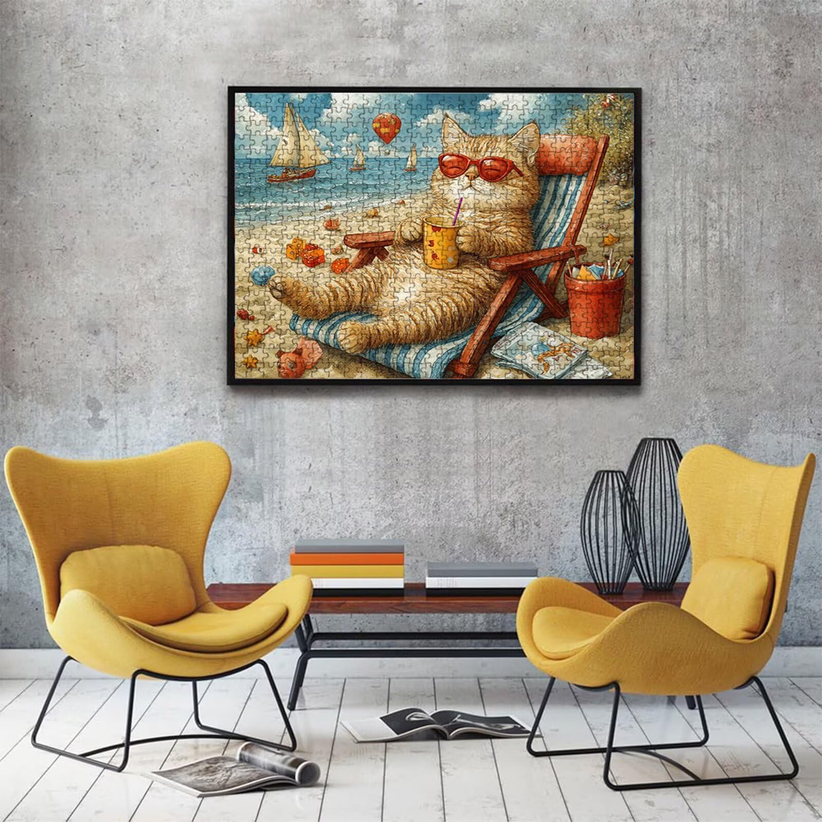 Puzzle 1000 elementów, puzzle 1000 elementów dla dorosłych, trudne puzzle, aktywność antystresowa i relaks, druk w wysokiej rozdzielczości, drewniane puzzle kot plażowy z wykwintnym pudełkiem do
