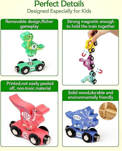 Miniatura 4 de Vanmor Juego de tren de dinosaurio de madera para niños pequeños, juguetes magnéticos de dinosaurios y tren de números, perfecto para actividades de