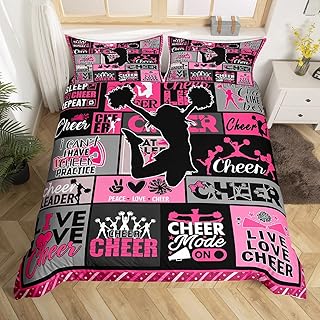Cheer Sports Duvet Cover,Children Cheerleader Bedding Set,Pink Gray Black Comforter Cover for Girls Kids Room Decor,Women Girls Dancer Lightweight Bedspread Cover Queen Size with 2 Pillow Cases