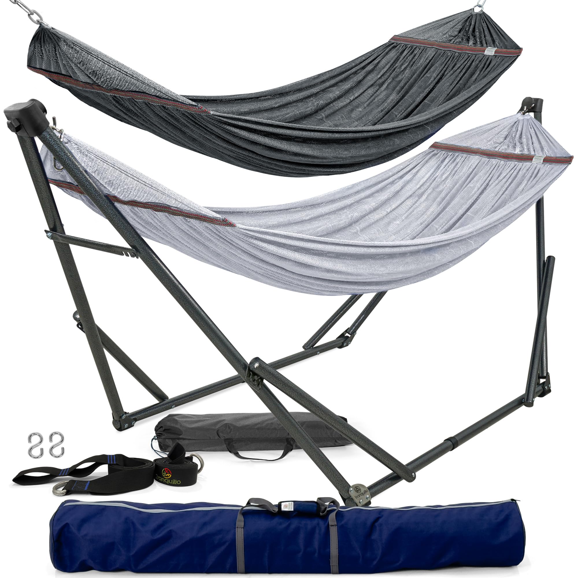 Tranquillo Combo x2 Hammocks with Stand for Outside & Tree Straps, Heavy Duty Hammock with Stand 600lbs for Indoor Outdoor Patio Backyard, x2 Hammocks for 2 Person (Combo - Grey, Medium)