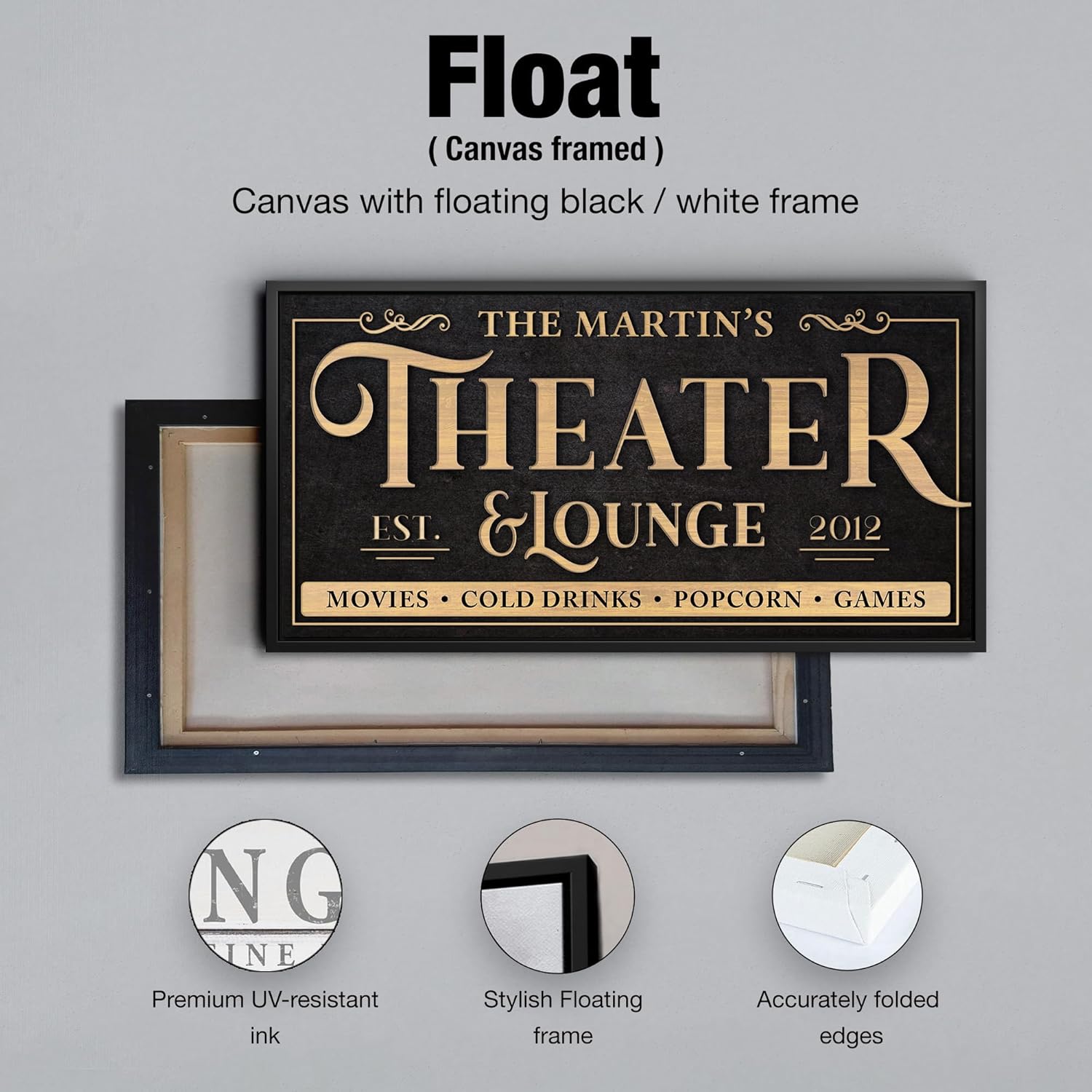 Awesometik Theater Sign Personalized Canvas Wall Decor with Custom Family Name Vintage, Custom Movie Theater Room, Entertainment Hall Living Room Lounge