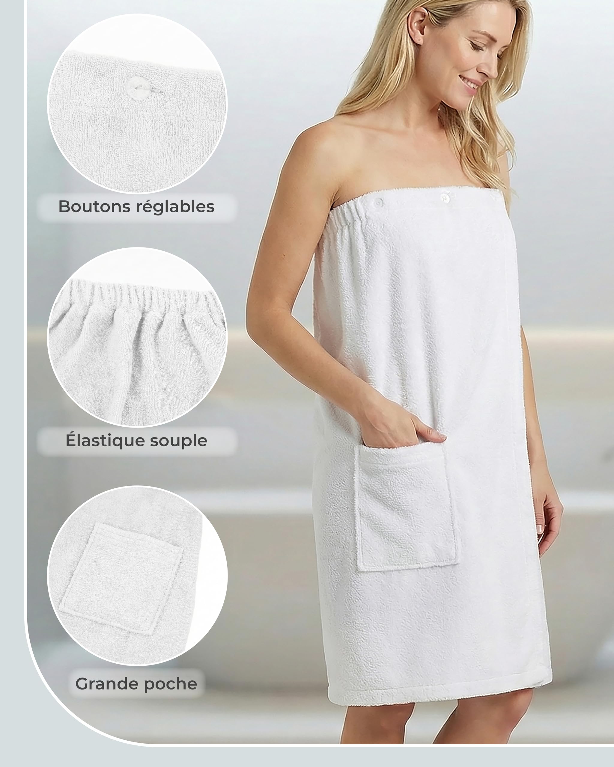 LAYNENBURG Paréo de sauna de qualité supérieure pour femme avec fermeture à boutons - 10 % coton - Certifié Öko-Tex 100 - Serviette de sauna pour femme - Serviette de sauna - Kilt avec élastique pour