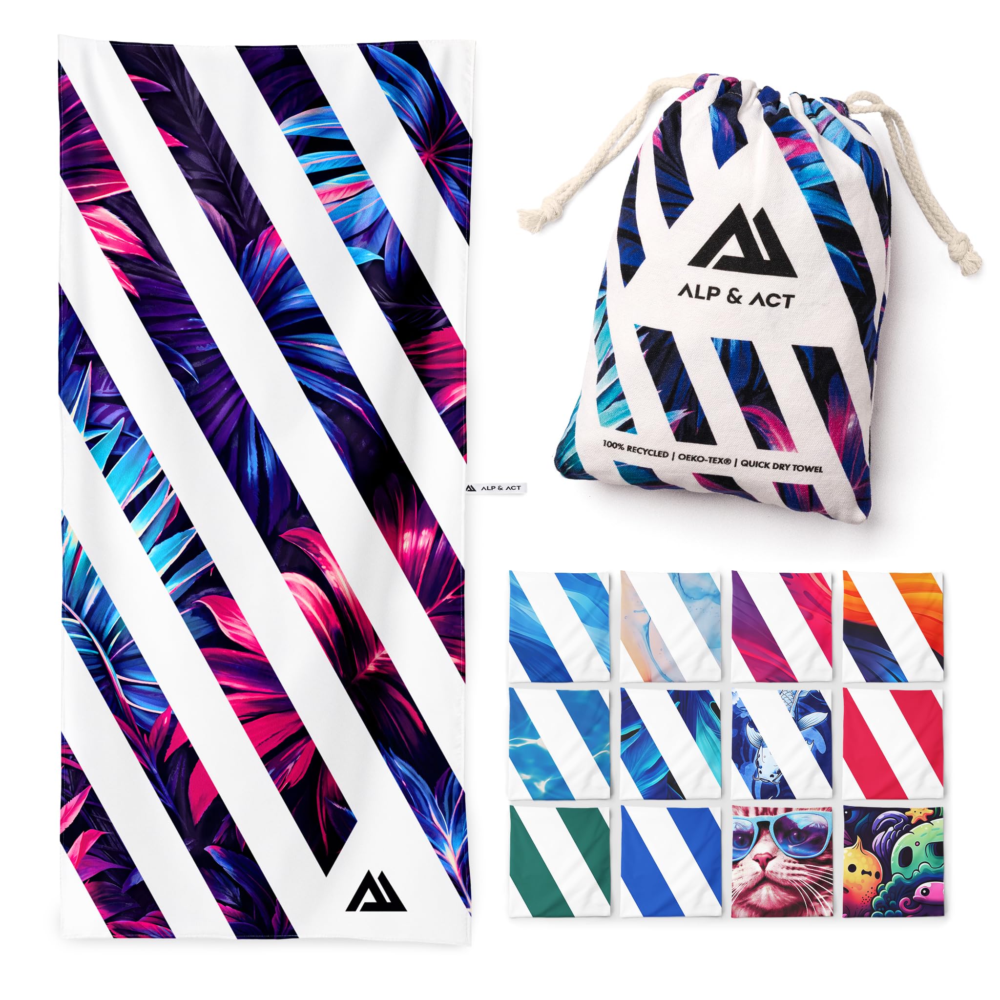 ALP & ACT Strandtuch XXL 200x90 cm - 100% recycelte Mikrofaser - EXTRA LEICHT & schnelltrocknend - großes Microfaser Handtuch für Urlaub & Strand - Badetuch inkl. Baumwollbeutel - pink blau