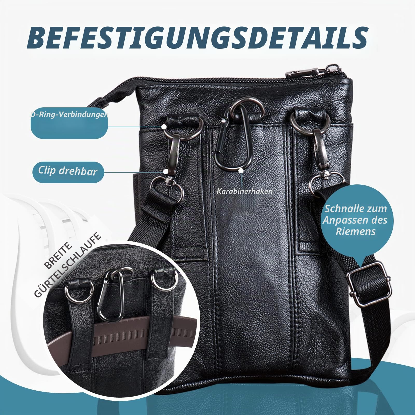 Leder Gürteltasche Schultertasche Herren Outdoor und Reisen Handy Holster Tasche Mit Gürtelschlaufe Gürtelclip und verstellbarem (Schwarz)