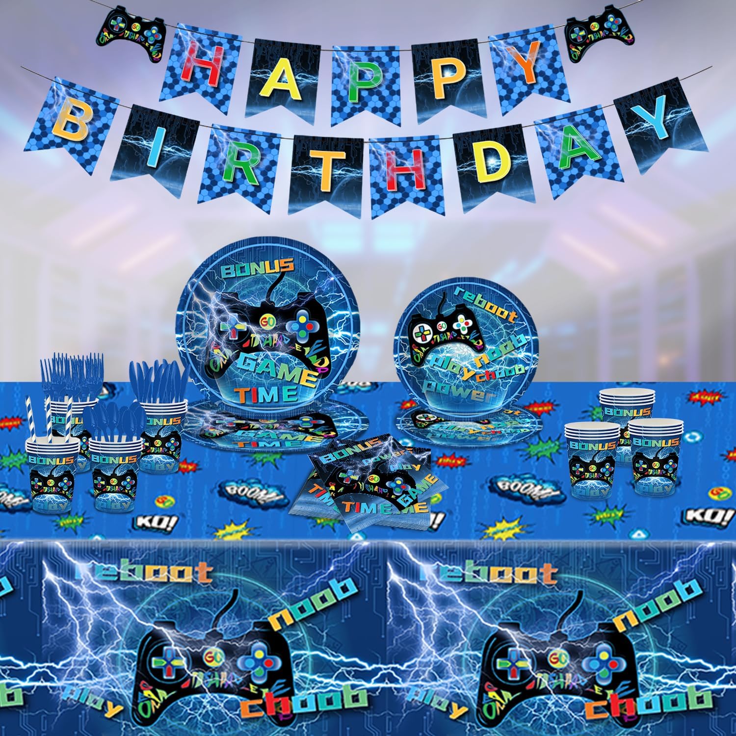 Video Game Party Decorations - 7th Birthday Decorations For Boys, HAPPY BIRTHDAY Banner, Video Game Balloons, Number 7 Blue Balloons, Gaming Hanging Swirls, Game On Birthday Party Supplies