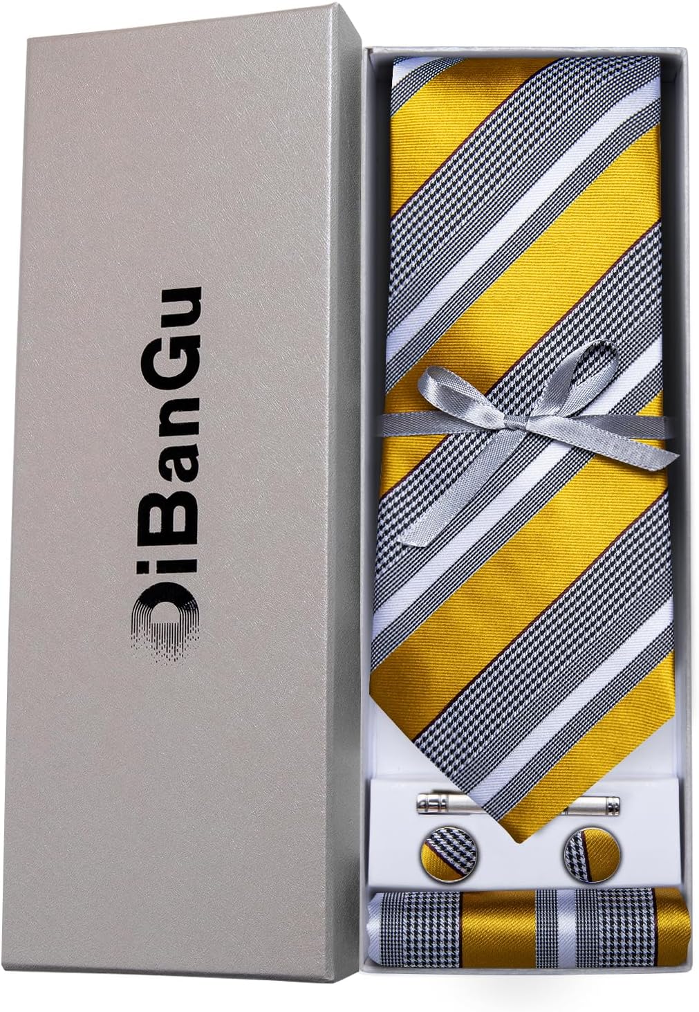 DiBanGu Mens Striped Tie Silk Woven Necktie and Pocket Square Cufflinks Tie Clip Set Wedding Business Formal Gift Tie for Men - Image 4