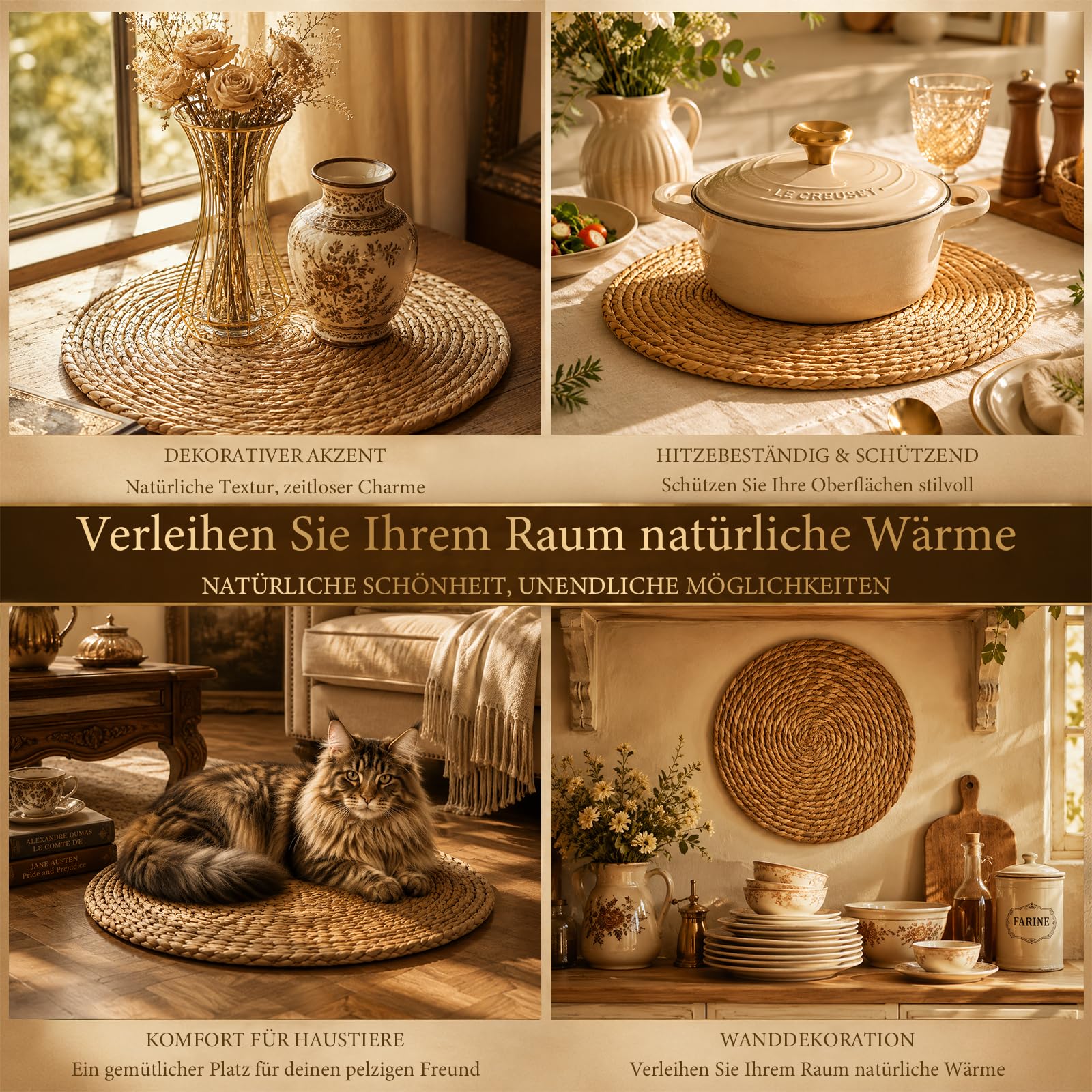 Lot de 12 Sets de Table Ronds tissés, bohèmes tressés naturels | 30 cm résistants à la chaleur, antidérapants, pour table à manger et décoration