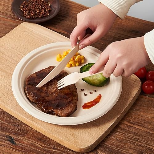 Miniatura 3 de Juego de 350 platos de papel, platos desechables de madera biodegradables, tenedores, cucharas, cuchillos, tazas, servilletas, juego de vajilla para