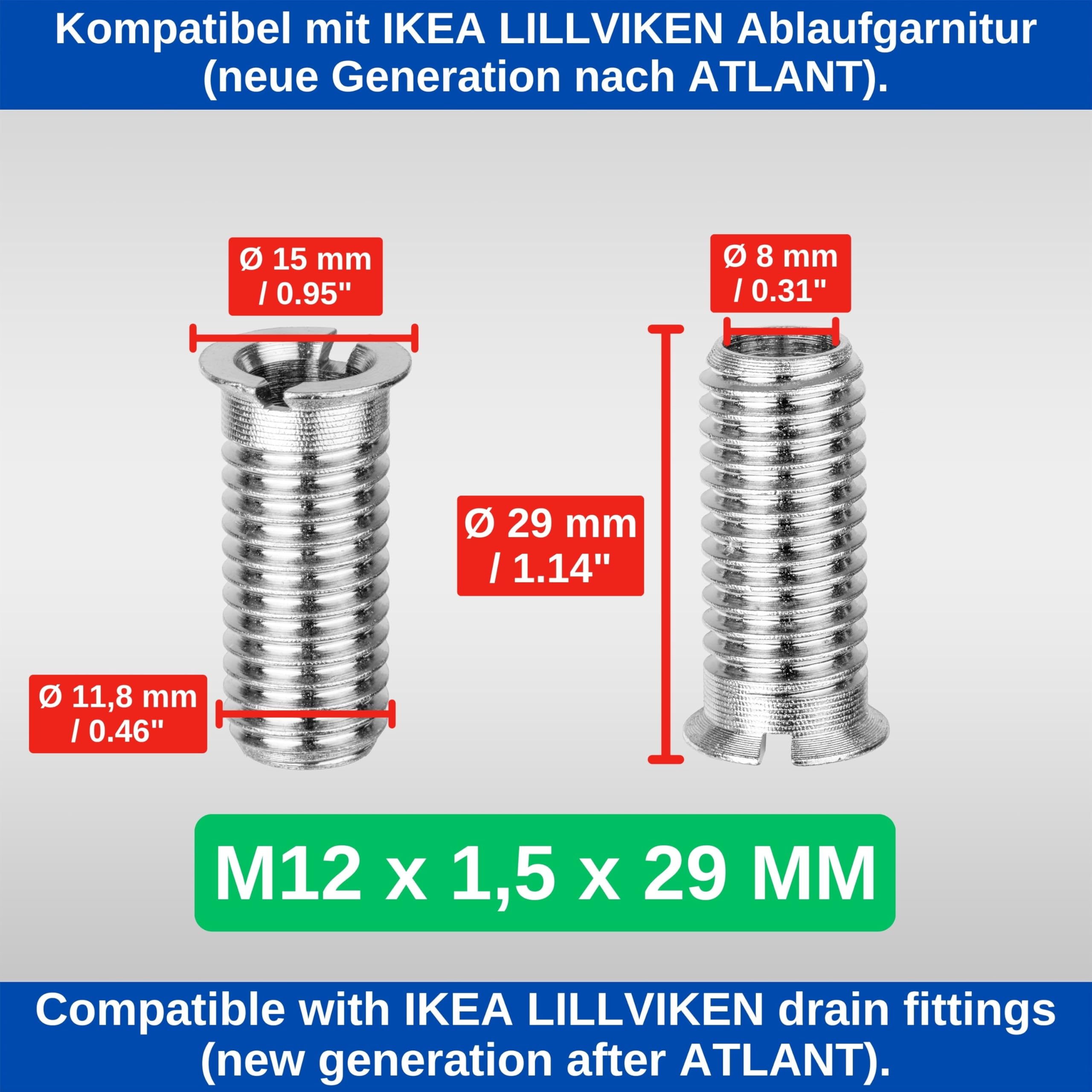 Holle schroef voor zeefkorfventiel, M12 x 1,75 x 30 mm, 2 stuks, compatibel met Franke Pamira en Blanco afvoergarnituur, vervanging voor 133.0024.179, 118446, van messing, fijne schroefdraad