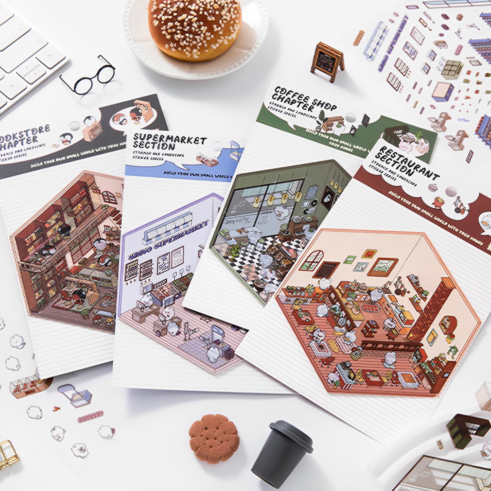 12 piezas DIY 3D House Stickers,Pegatinas decorativas 3D para escenas de casas en miniatura, divertidas pegatinas DIY para la escena para habitaciones pequeñas, Flower House, Café, Bakery Biblioteca