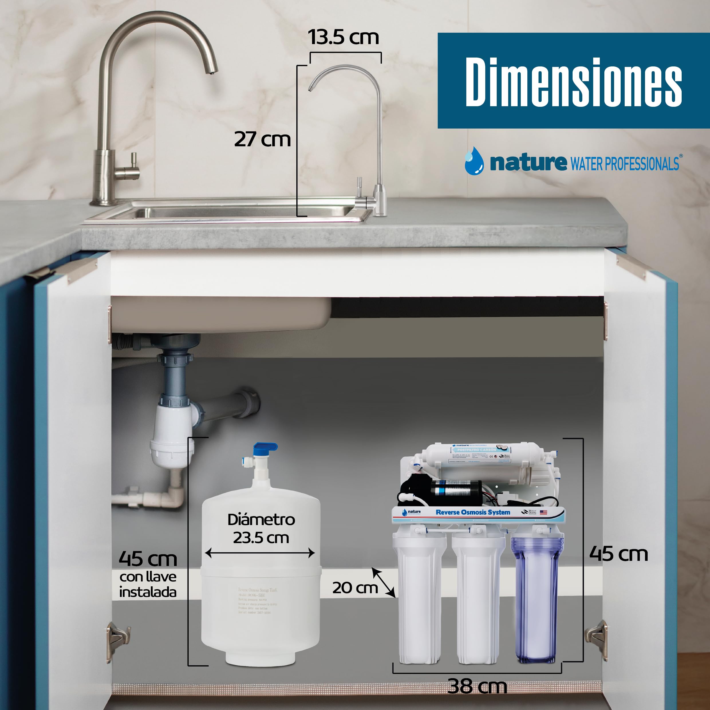 Equipo de Osmosis Inversa - Kit para Osmosis de 5 Etapas - Capacidad para 6 L - Incluye Membrana de 75GPD, Deposito de Agua, Bomba y Filtros - Nature Water Professionals