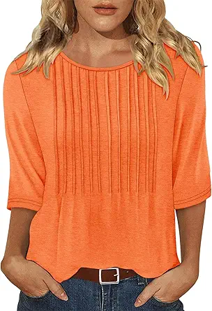 KISSMODA Tunic Tops for Women Loose Fit Dressy Round Neck Pleated 3/4 Length Sleeve Spring Tops