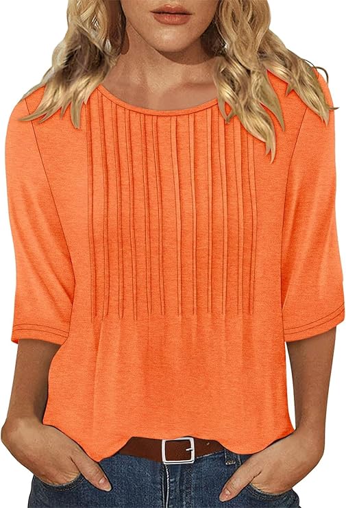 KISSMODA Tunic Tops for Women Loose Fit Dressy Round Neck Pleated 3/4 Length Sleeve Spring Tops
