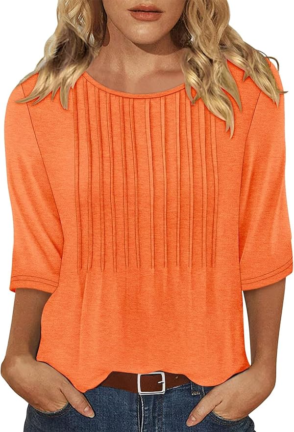 KISSMODA Tunic Tops for Women Loose Fit Dressy Round Neck Pleated 3/4 Length Sleeve Spring Tops