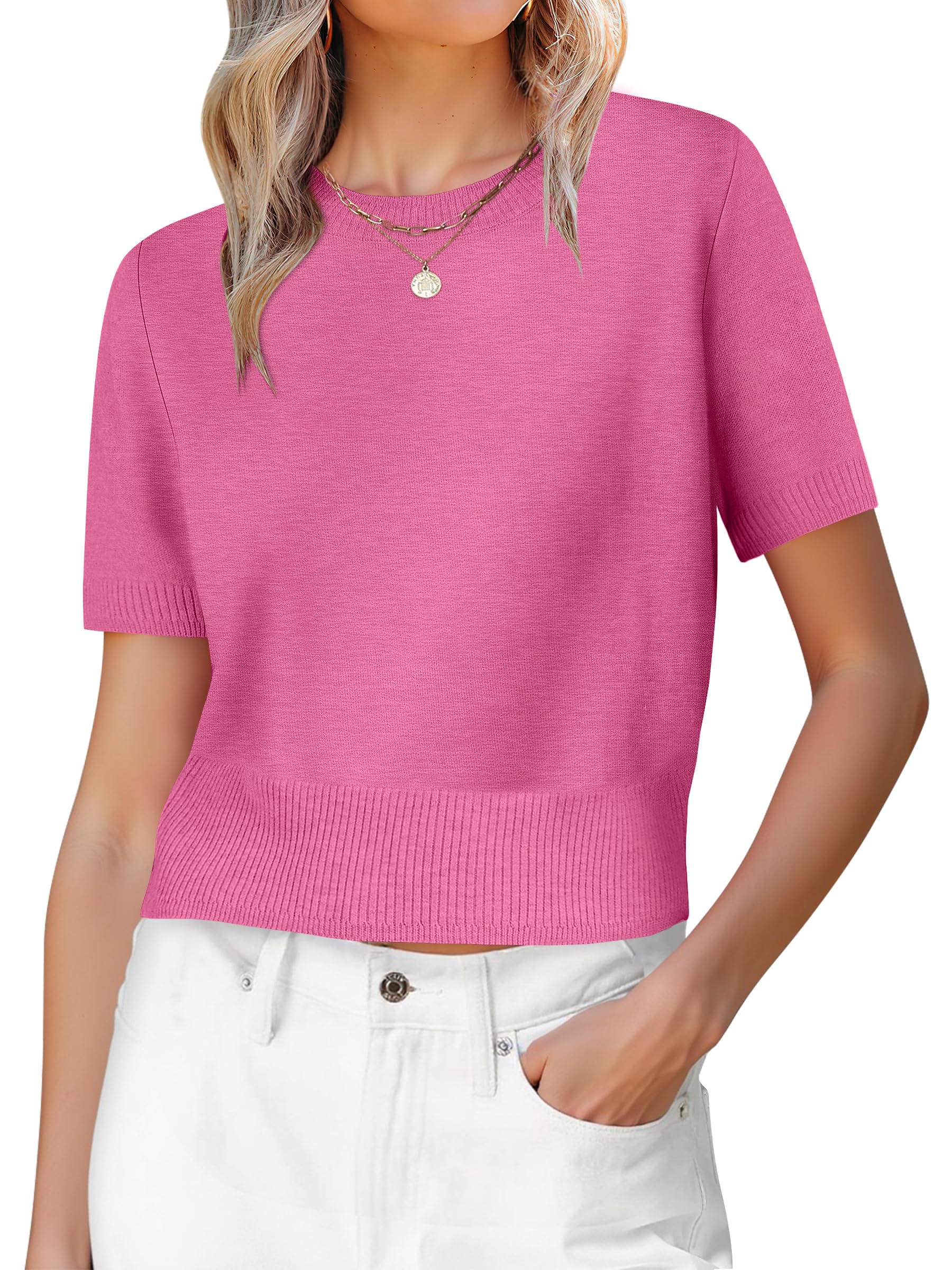 Womens Short Sleeve Sweaters Cropped Crew Neck Business Casual Lightweight Sweater Tops 2026 Spring Summer Outfits