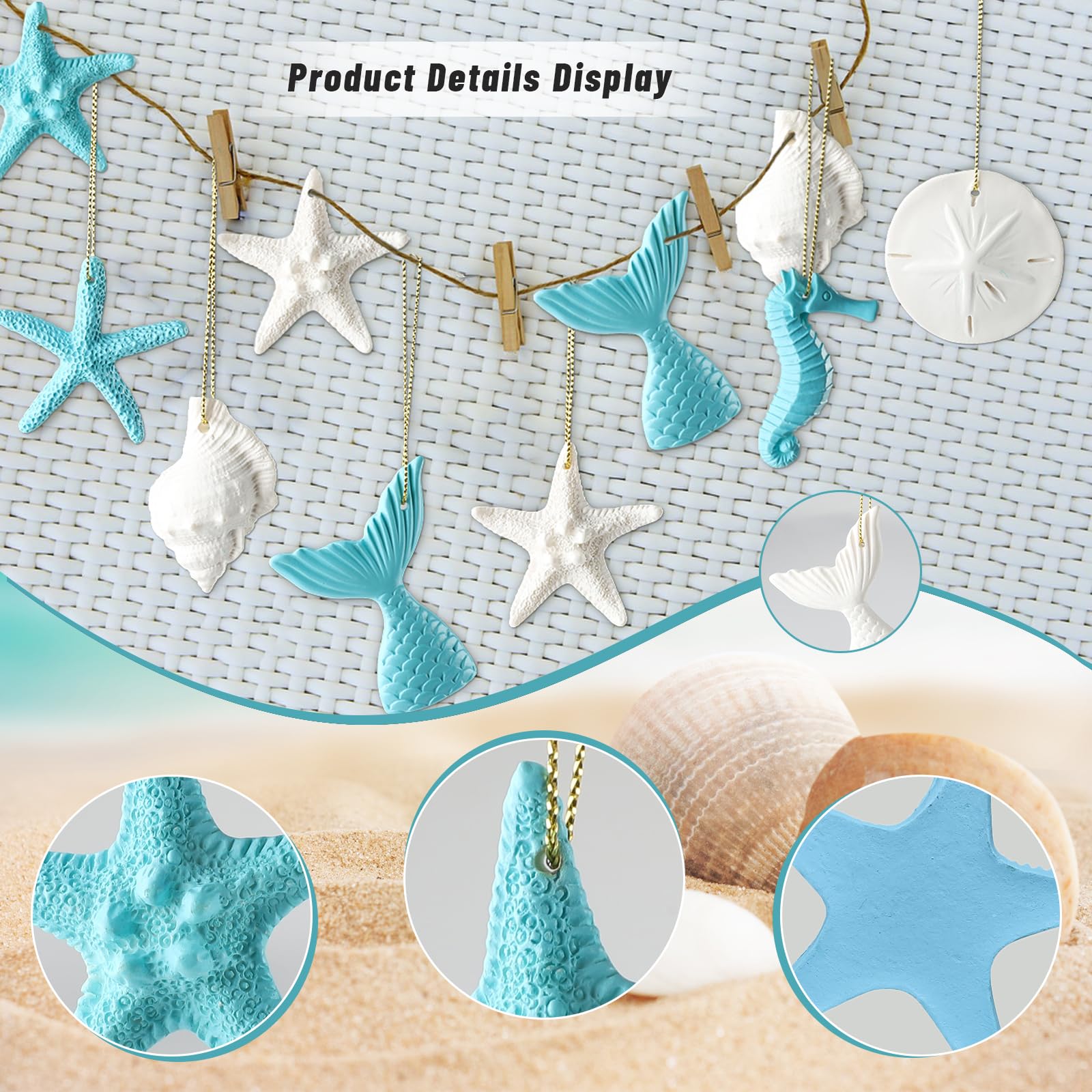 Fangoo 32Pièces Plage thème Ornements résine pour Arbre de Noël Coquillages étoiles de mer Cheval de mer canapé sirène Queue Forme accrochée pour fête d'été Anniversaire Salle de Bains décorations