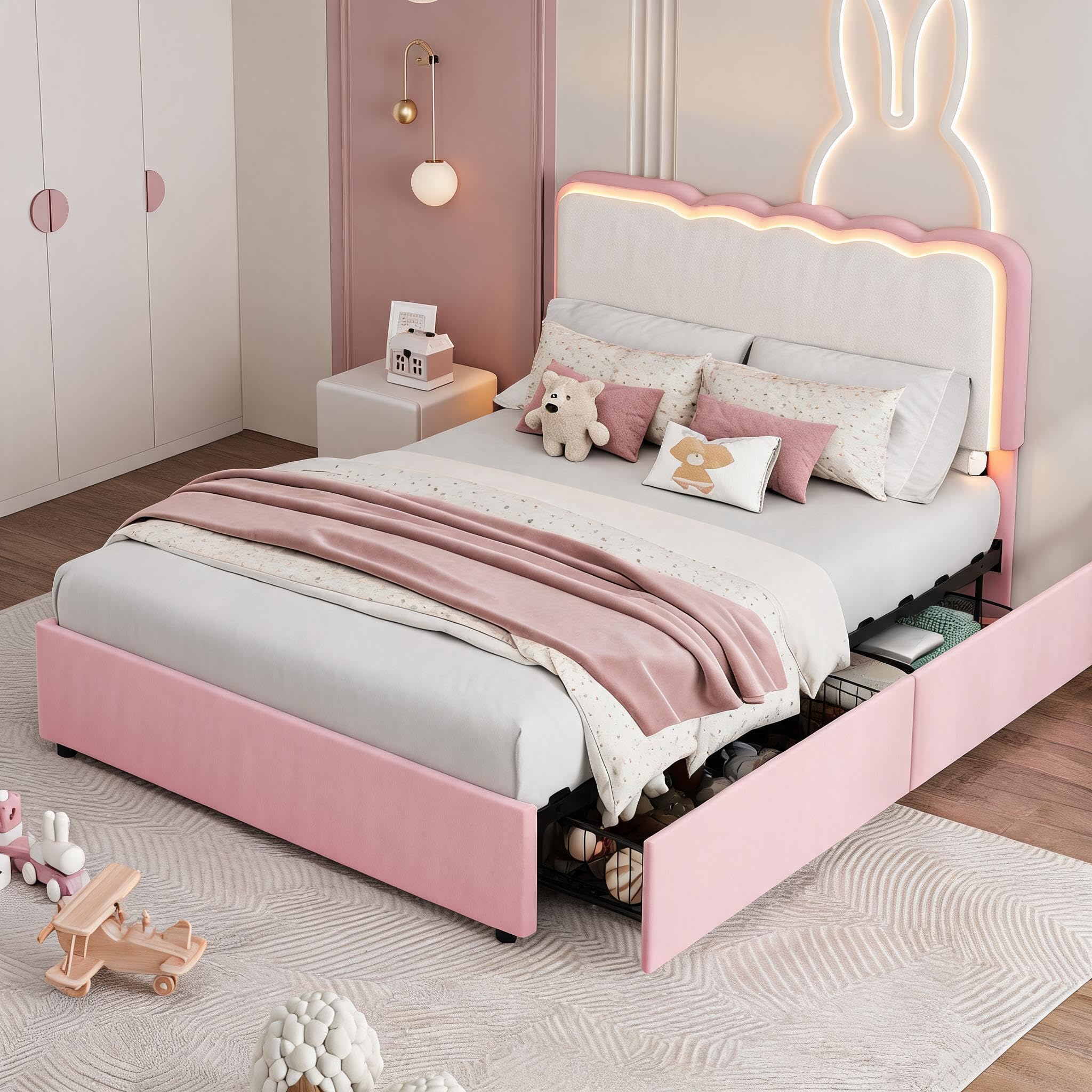 Garvee Irregular Wave LED 2-Drawer Soft Upholstered Bed, Soft Padding