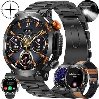 Smartwatch Men's Smart Watch with Call,Torch,Compass Waterproof Smart Watch Sport Pedometer Heart Rate Monitor Blood Pressure Monitor Wristband Activity 1.46 Cal Digital Watch for IOS Android (Black)