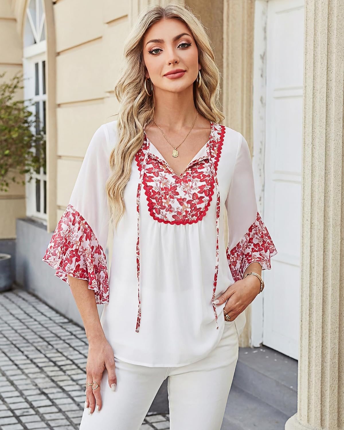 Lotusmile Womens Blouses Dressy Casual 3/4 Sleeve Tops Ruffle Floral V Neck Chiffon Trendy Work Shirts - Image 2