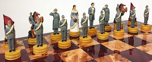 Miniatura 6 de Juego de ajedrez de reinas de la guerra civil estadounidense con tablero de almacenamiento de color cereza y Burlwood de 17 pulgadas de alto brillo