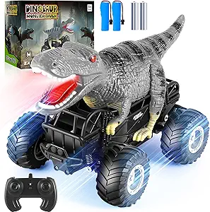 Remote Control Car, 2.4GHz 1:18 RC Cars with Light, 98FT 8KM/H 2-Rechargeable Battery, All Terrain Monster Remote Control Truck Toy, Christmas, Dinosaur Monster Trucks for Boy Age 4-7, Kid 6+