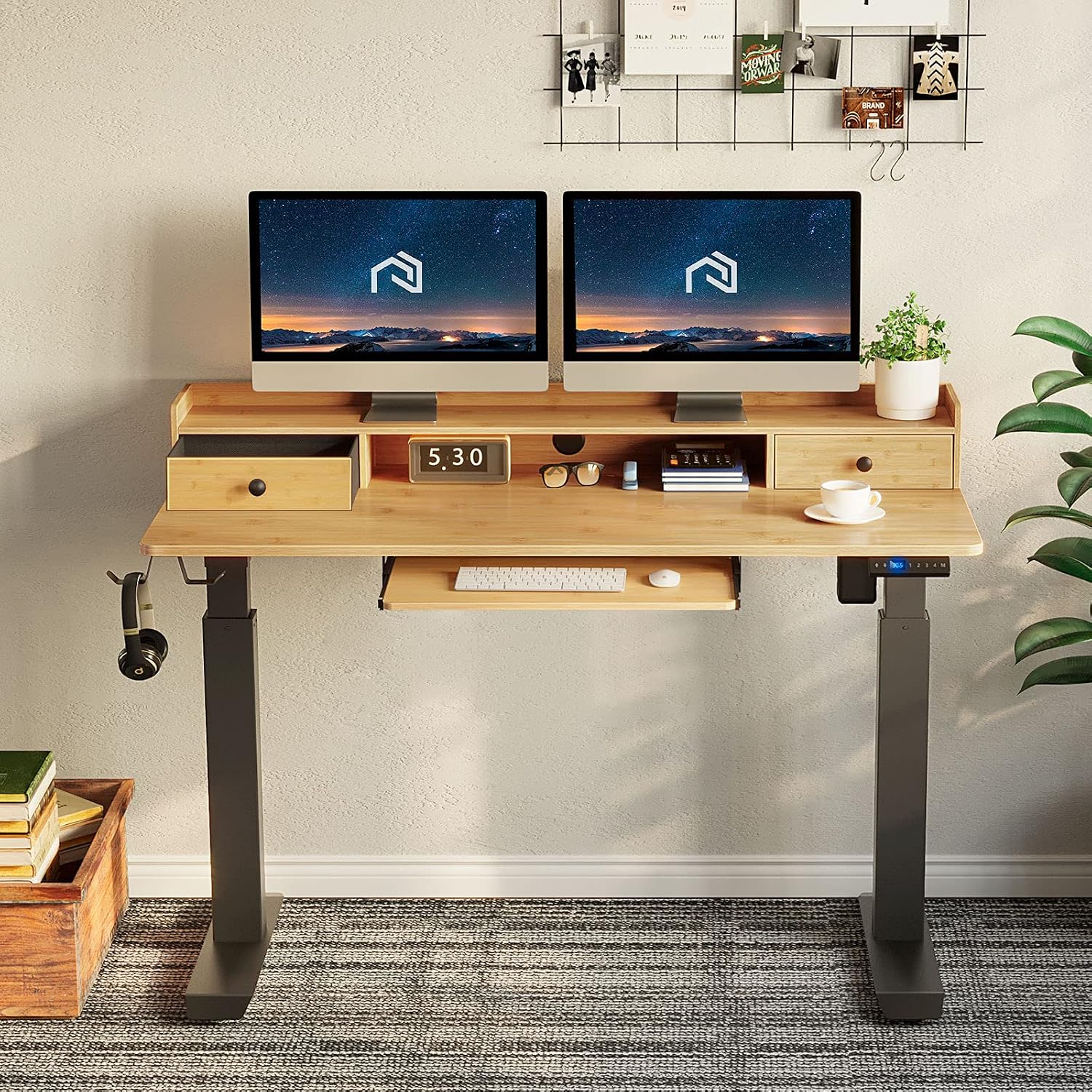 Rolanstar Height Adjustable Desk 47", Standing Desk with Keyboard Tray and Monitor Shelf, Electric Standing Table with Double Headphone Hooks, Bamboo Color