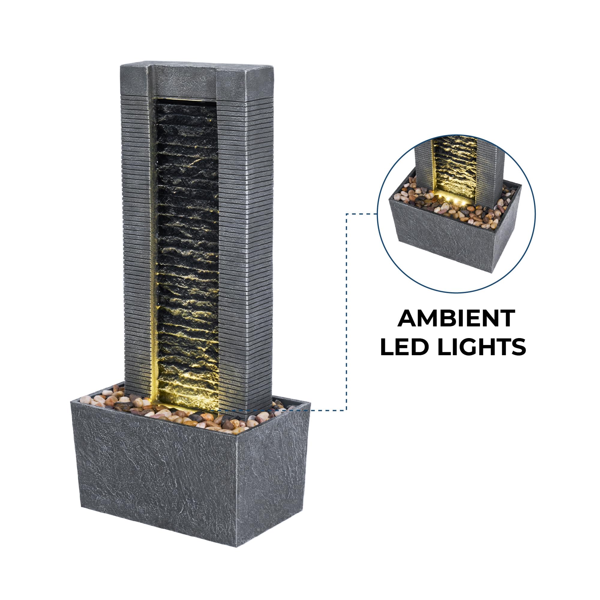 Teamson Home Demeter - Fontana a cascata con luci a LED e pietre di ciottoli, per patio, giardino, cortile, decorazione per terrazze, altezza 74,3 cm, grigio