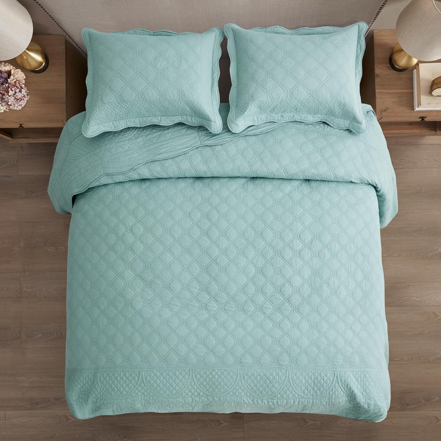 CHIXIN Oversized Cotton Bedspread King Size - Real Stitching - Luxury Quilted Bedding Cover for All Season, Reversible, Ultra Soft, Lightweight, 3 Piece, Seaglass - Image 4
