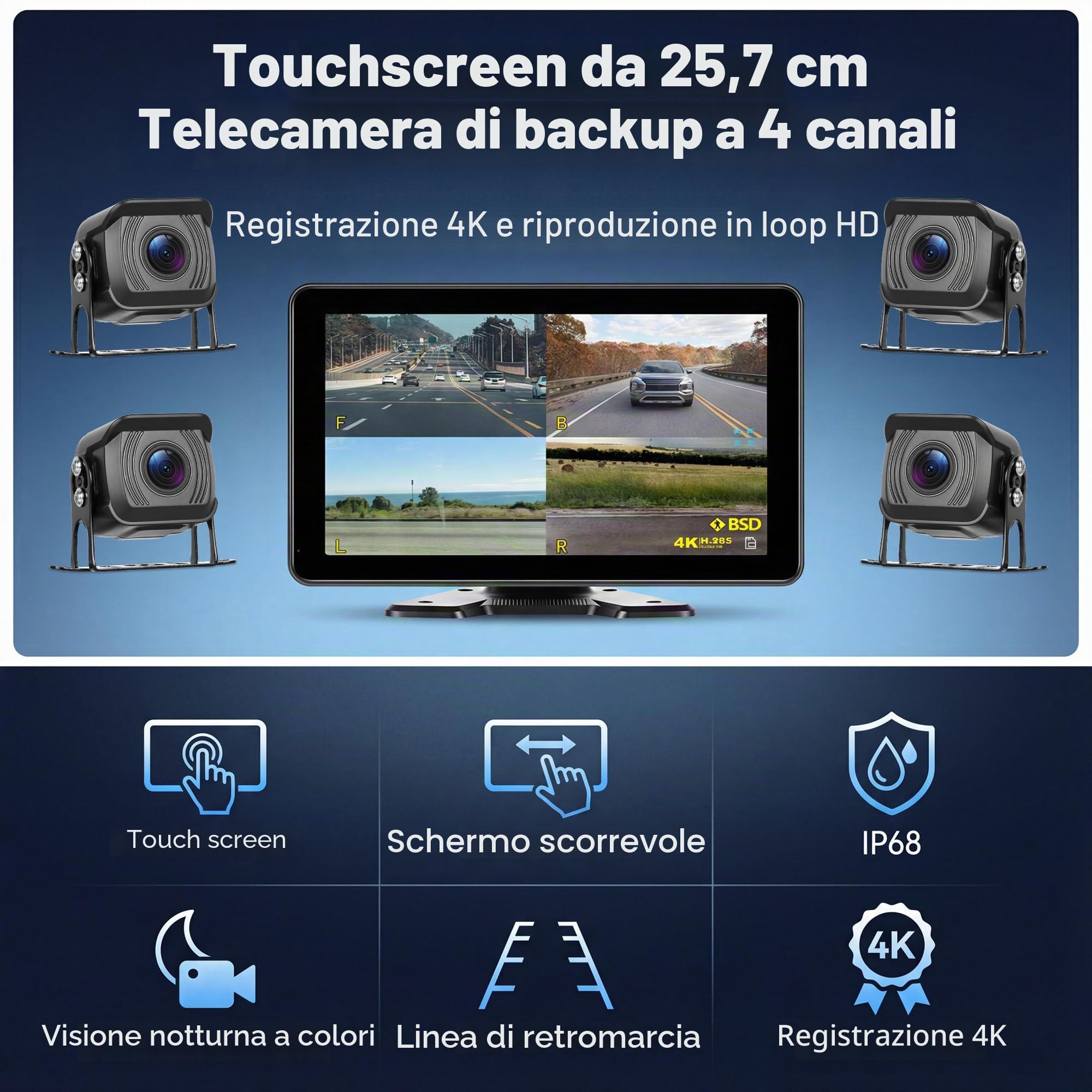 CAMECHO 10,1'' Schermo Tattile con 4 Telecamere Posteriore da 1080P con Monitor e Visione Notturna BSD, IP68 Retrocamera Auto con DVR, Monitor di Parcheggio, Schermo Diviso, Rilevamento angolo cieco